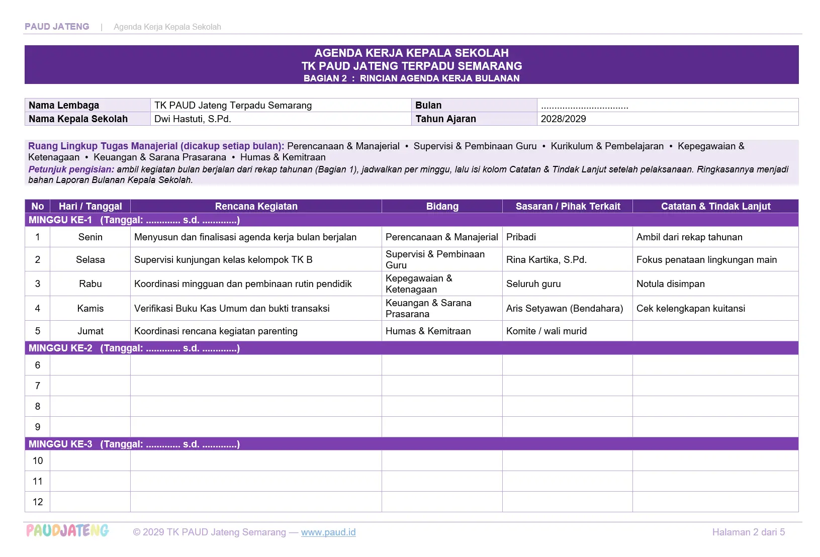 Contoh Buku Agenda Kegiatan Sekolah PAUD/TK Contoh Buku Agenda Kegiatan Sekolah PAUD/TK