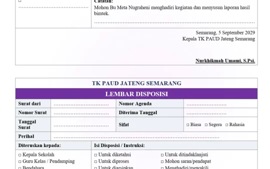 Contoh Lembar Disposisi Surat PAUD/TK dan Cara Mengisinya