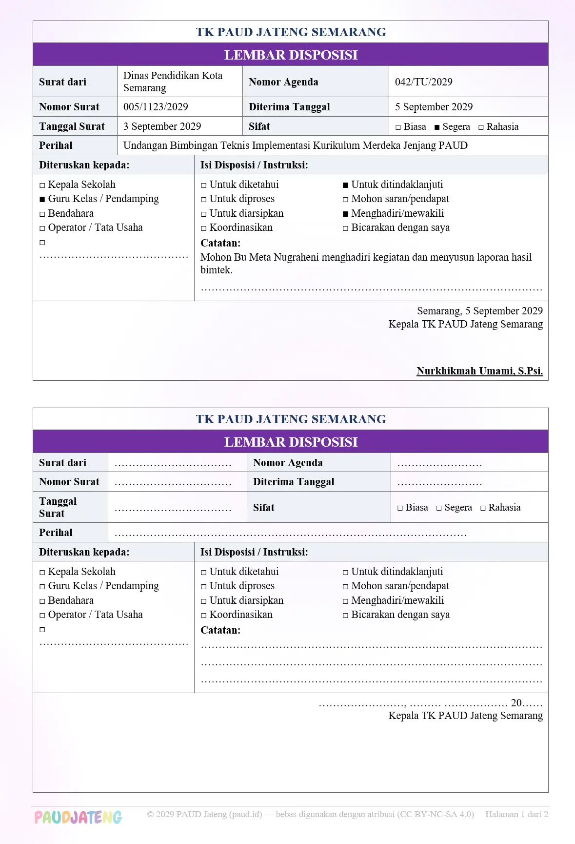 Contoh Lembar Disposisi Surat PAUD/TK dan Cara Mengisinya Contoh Lembar Disposisi Surat PAUD/TK dan Cara Mengisinya