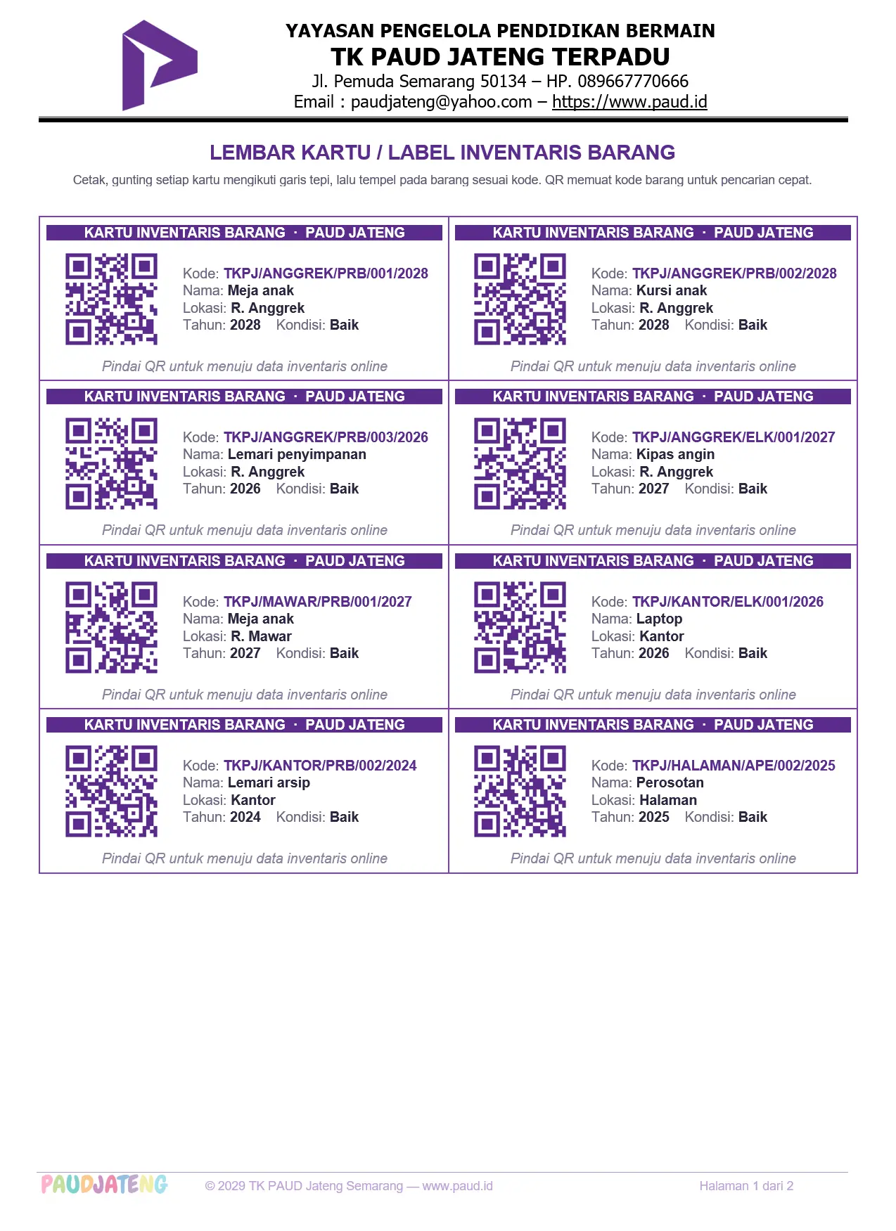Kartu / Label Inventaris Barang PAUD ber-QR untuk Ditempel