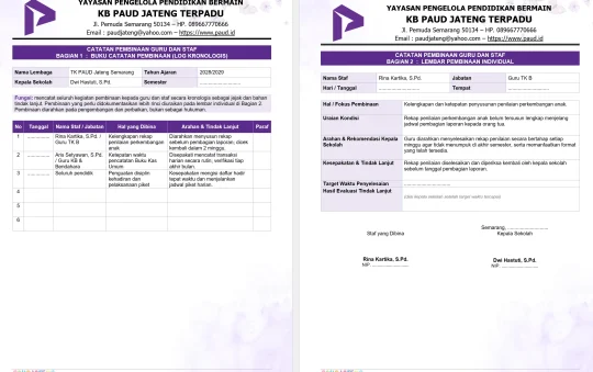 Contoh Dokumen Catatan Pembinaan Guru Staf PAUD/TK