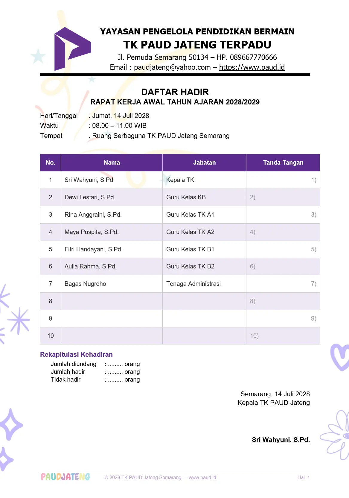 Contoh Daftar Hadir Rapat Kerja PAUD Awal Tahun Ajaran Contoh Daftar Hadir Rapat Kerja PAUD Awal Tahun Ajaran