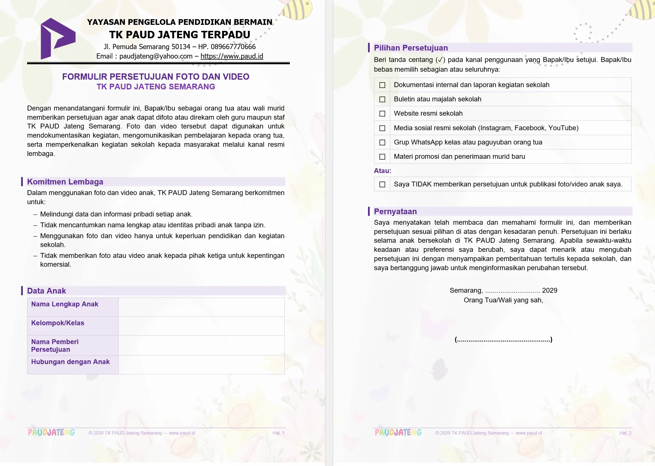 Contoh Formulir Persetujuan Foto dan Video PAUD/TK Contoh Formulir Persetujuan Foto dan Video PAUD/TK