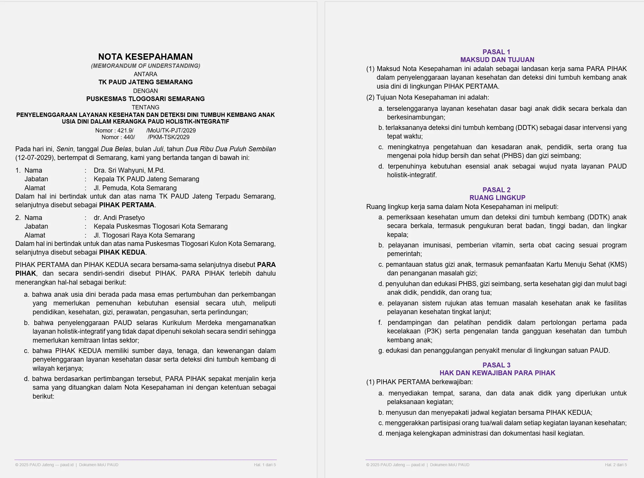 Surat Kerjasama (MoU) PAUD dan Bidan/ Kemitraan Puskesmas