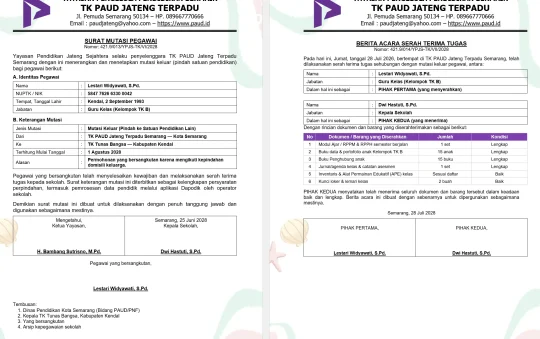 Contoh Surat Mutasi Guru PAUD Internal dan Eksternal + BAST