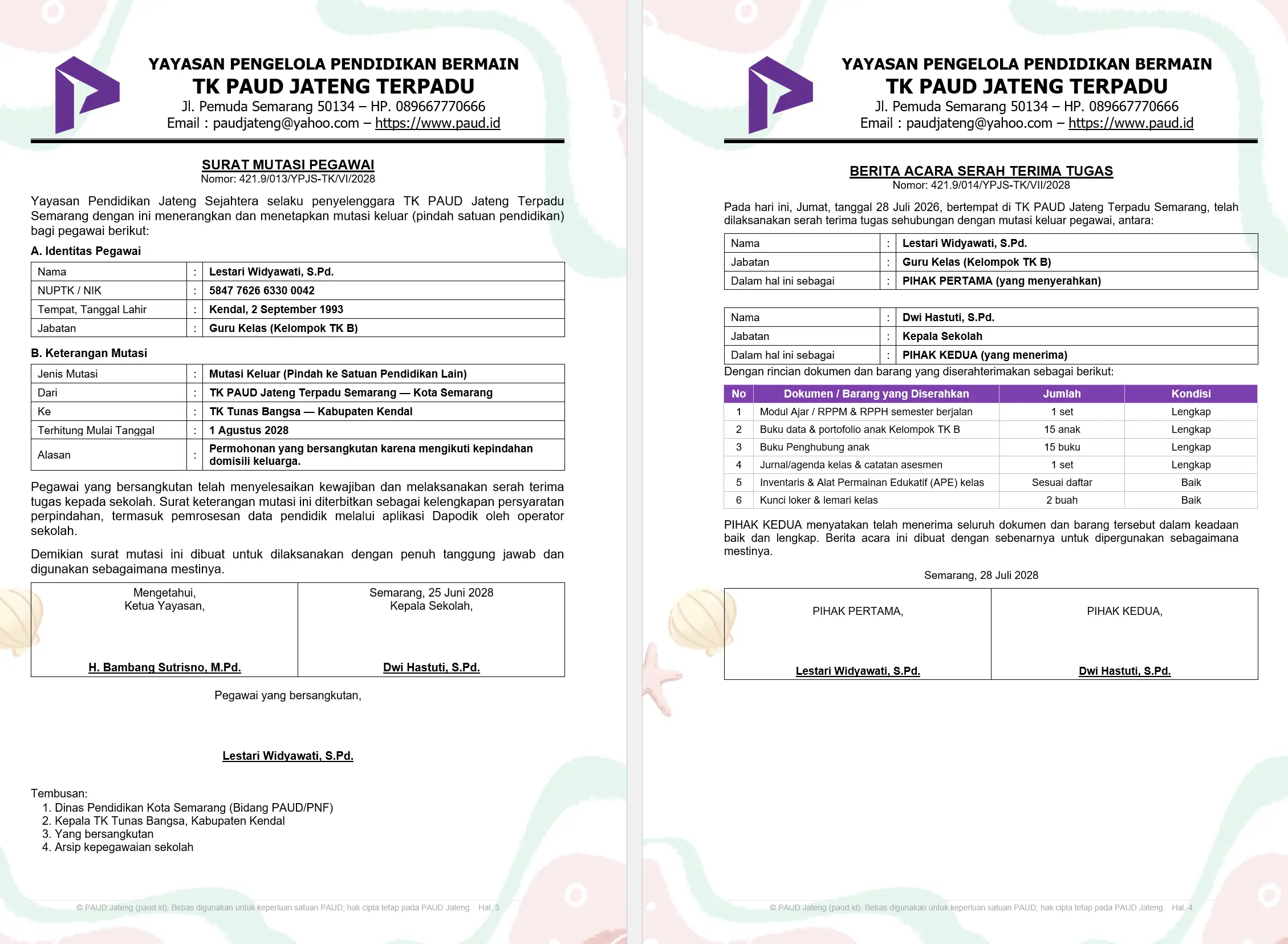 Contoh Surat Mutasi Guru PAUD Internal dan Eksternal + BAST Contoh Surat Mutasi Guru PAUD Internal dan Eksternal + BAST
