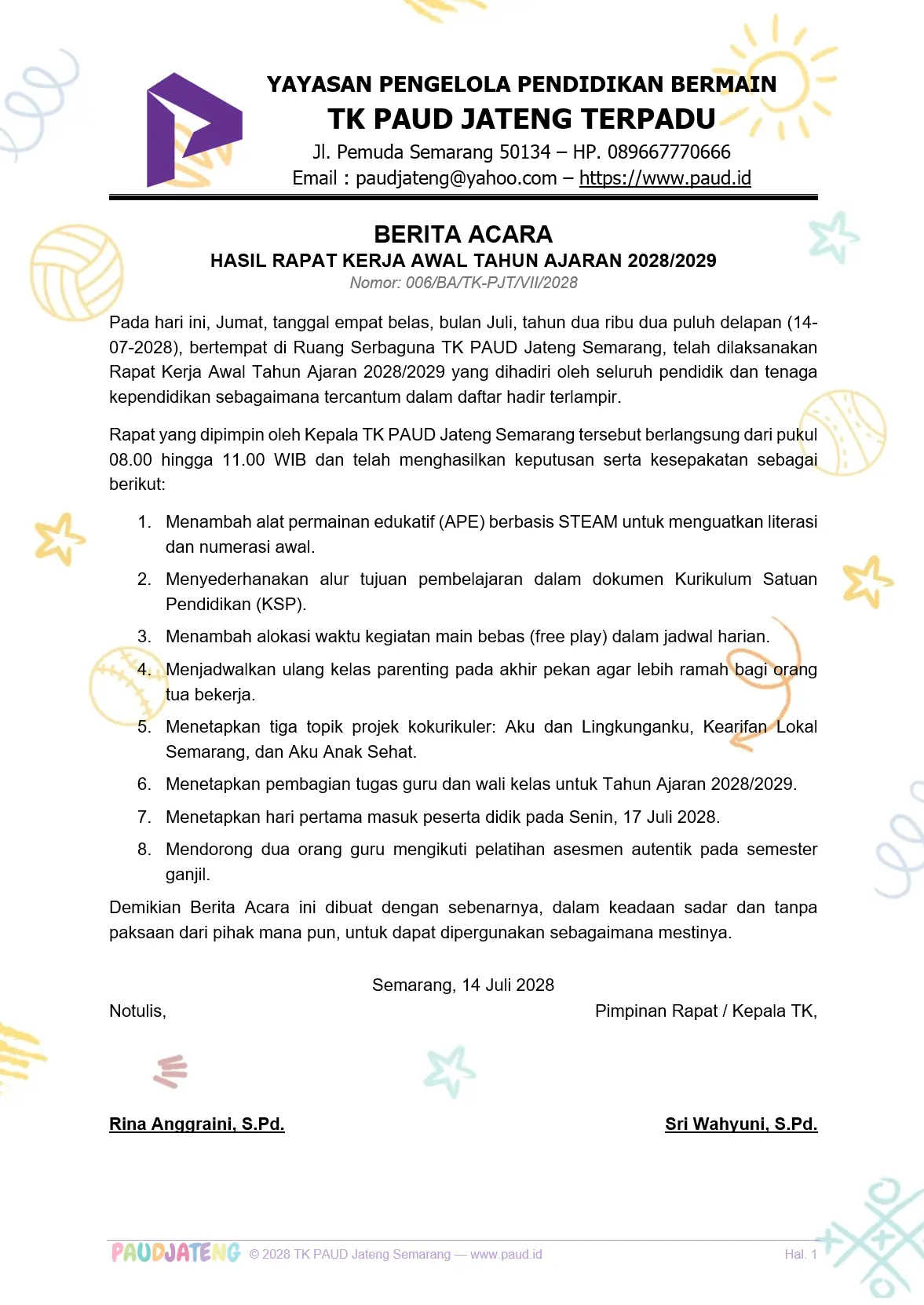 Berita Acara Rapat PAUD Hasil Raker Awal Tahun Ajaran