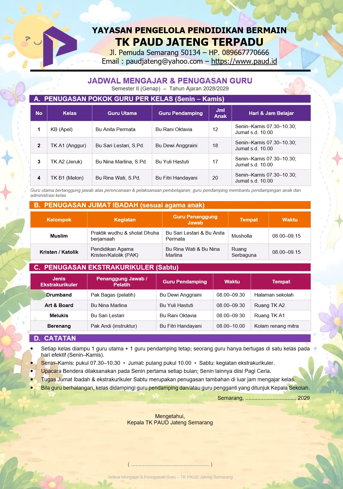 Contoh Jadwal Mengajar Guru PAUD/TK Format Word Editable