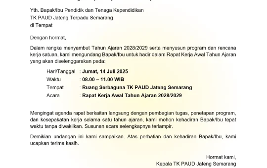 Contoh Surat Undangan Rapat Kerja PAUD Raker Awal Tahun