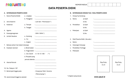 Contoh Buku Induk Siswa PAUD (TK KB TPA SPS)