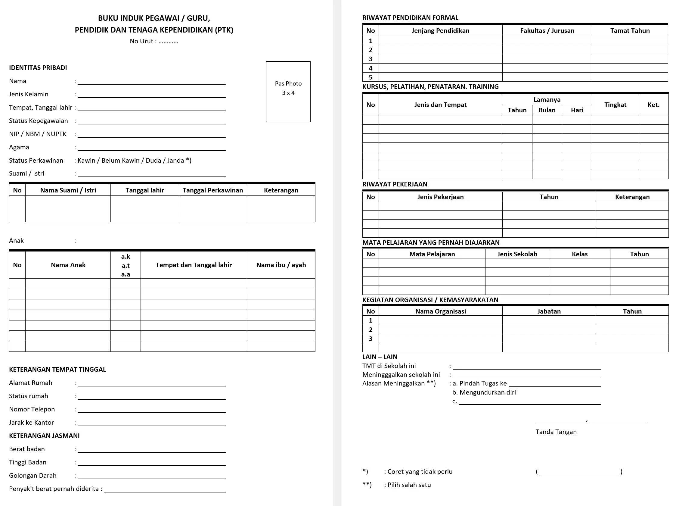 Buku Induk Pegawai TK/PAUD Biodata Tenaga Pendidik & Kependidikan