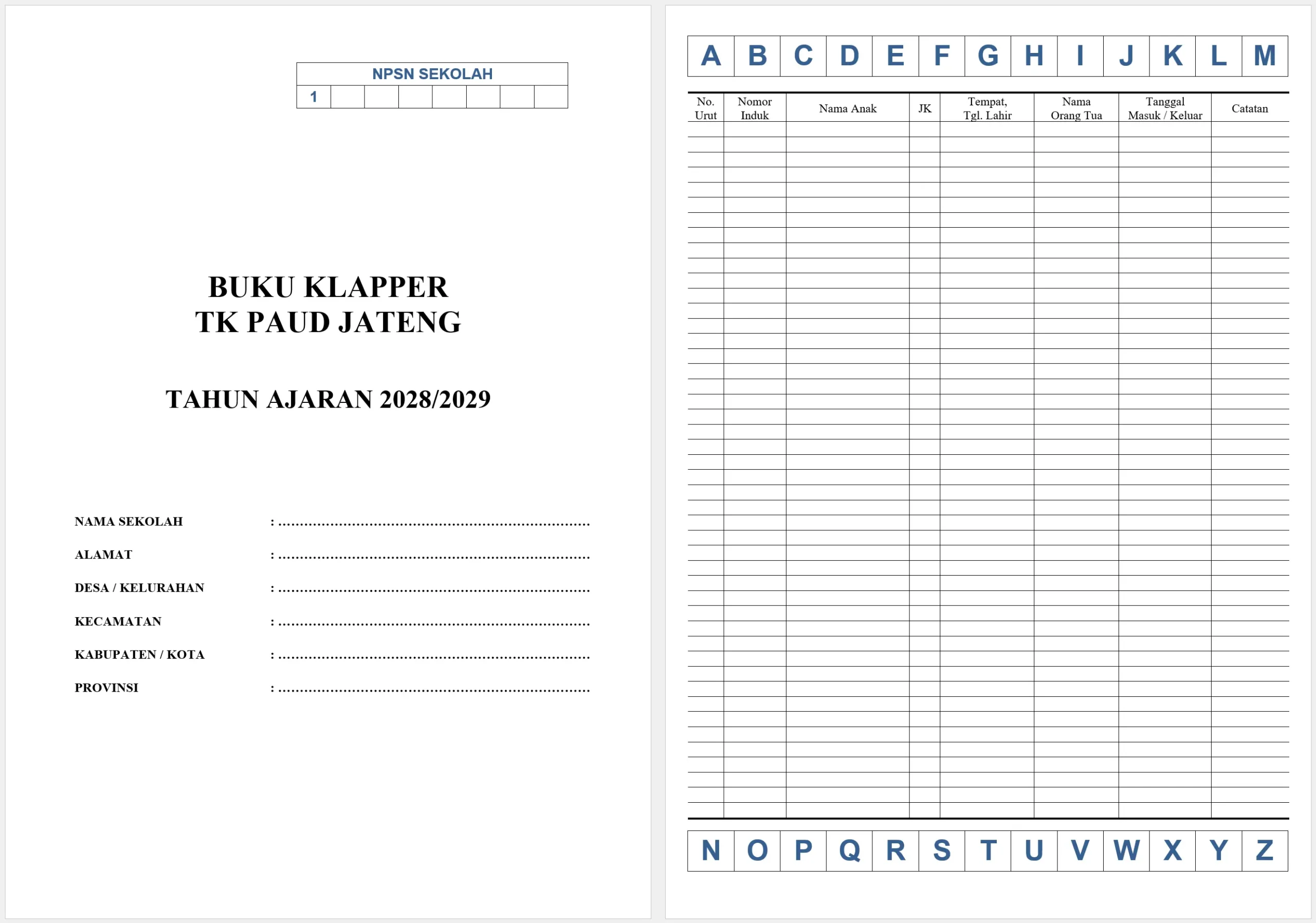 Contoh Buku Klapper TK/PAUD Klaper Format Word