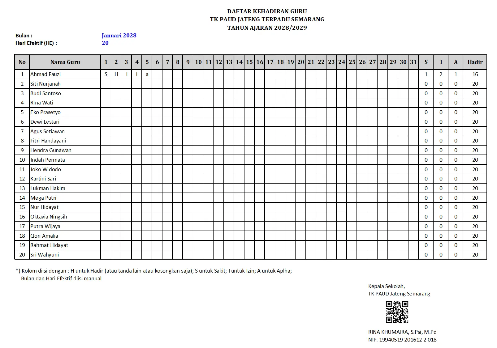 Contoh Daftar Hadir Guru TK/PAUD Daftar Buku Absensi