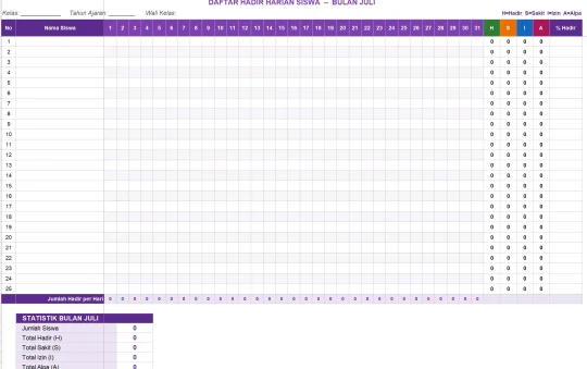 Daftar Hadir, Absensi Harian Siswa PAUD/TK Excel Otomatis