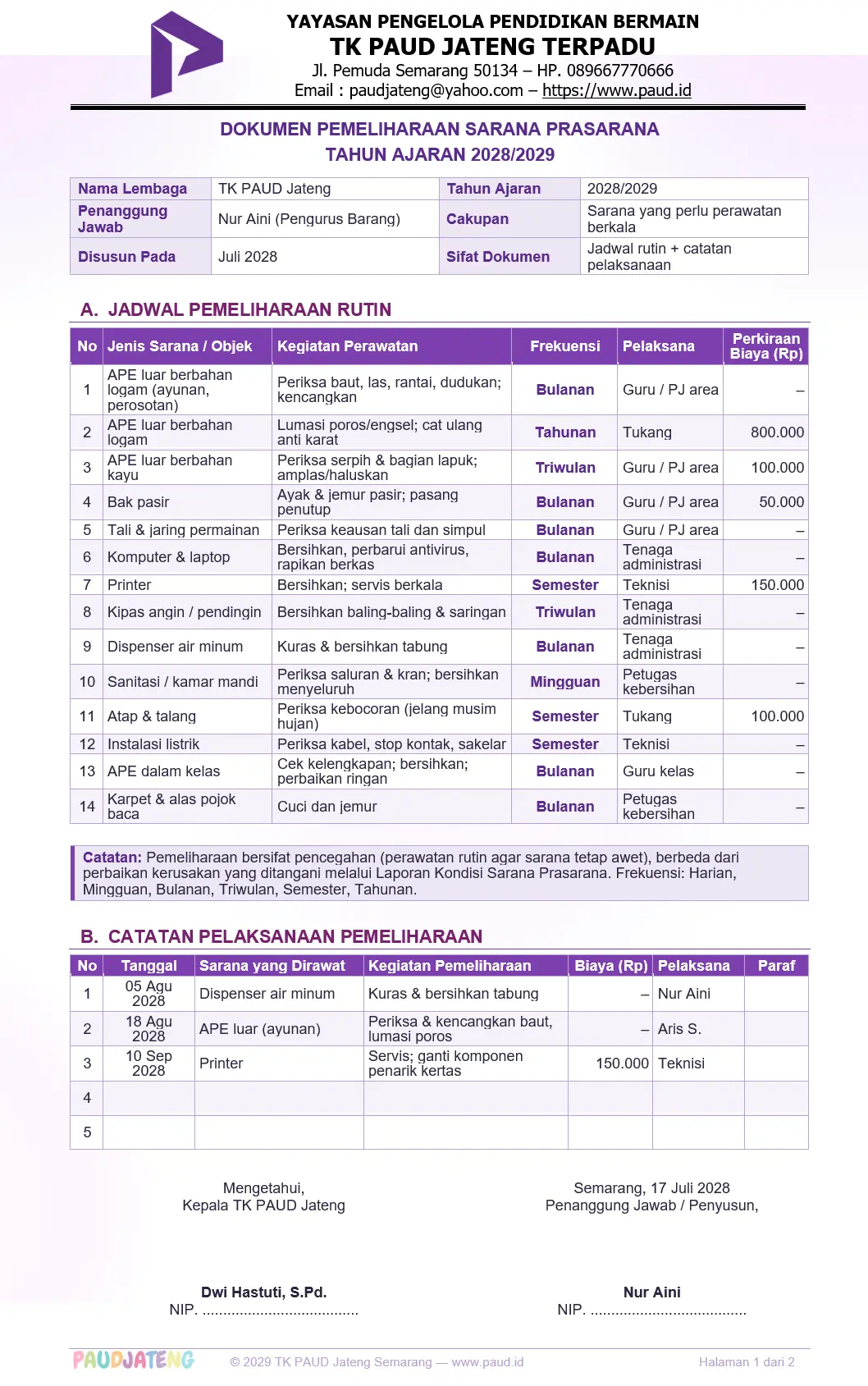 Dokumen Pemeliharaan Sarpras PAUD Berisi Jadwal Pemeliharaan Rutin dan Catatan Pelaksanaan Pemeliharaan Dokumen Pemeliharaan Sarpras PAUD Berisi Jadwal Pemeliharaan Rutin dan Catatan Pelaksanaan Pemeliharaan