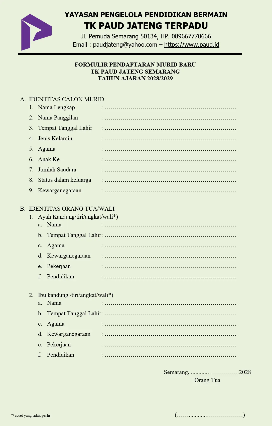 Contoh Formulir Pendaftaran PAUD TK