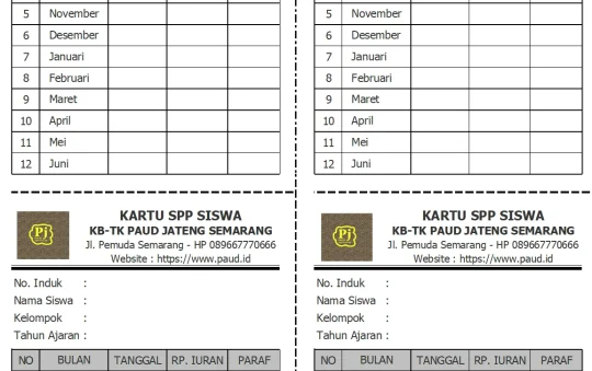 Contoh Kartu SPP PAUD, Pembayaran Iuran Anak Didik PAUD