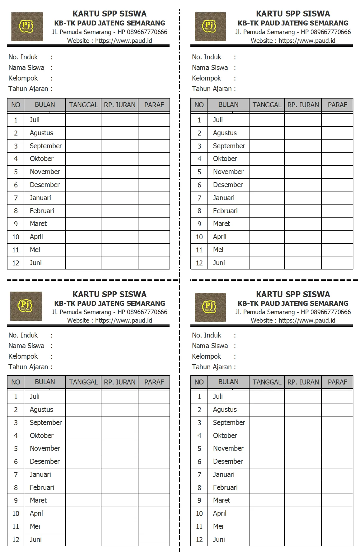 Contoh Kartu SPP PAUD/TK Slip Pembayaran PAUD