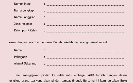 Contoh Surat Keterangan Pindah Sekolah PAUD TK/KB