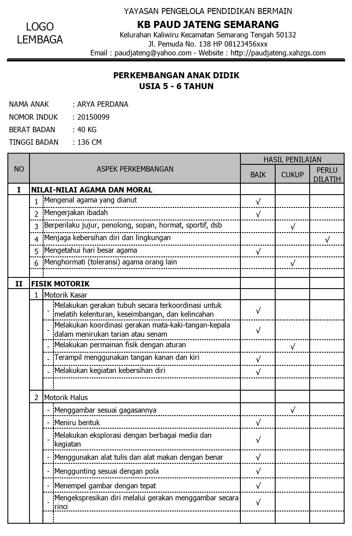 Contoh Raport PAUD/TK Kurikulum 2013 v1 Otomatis