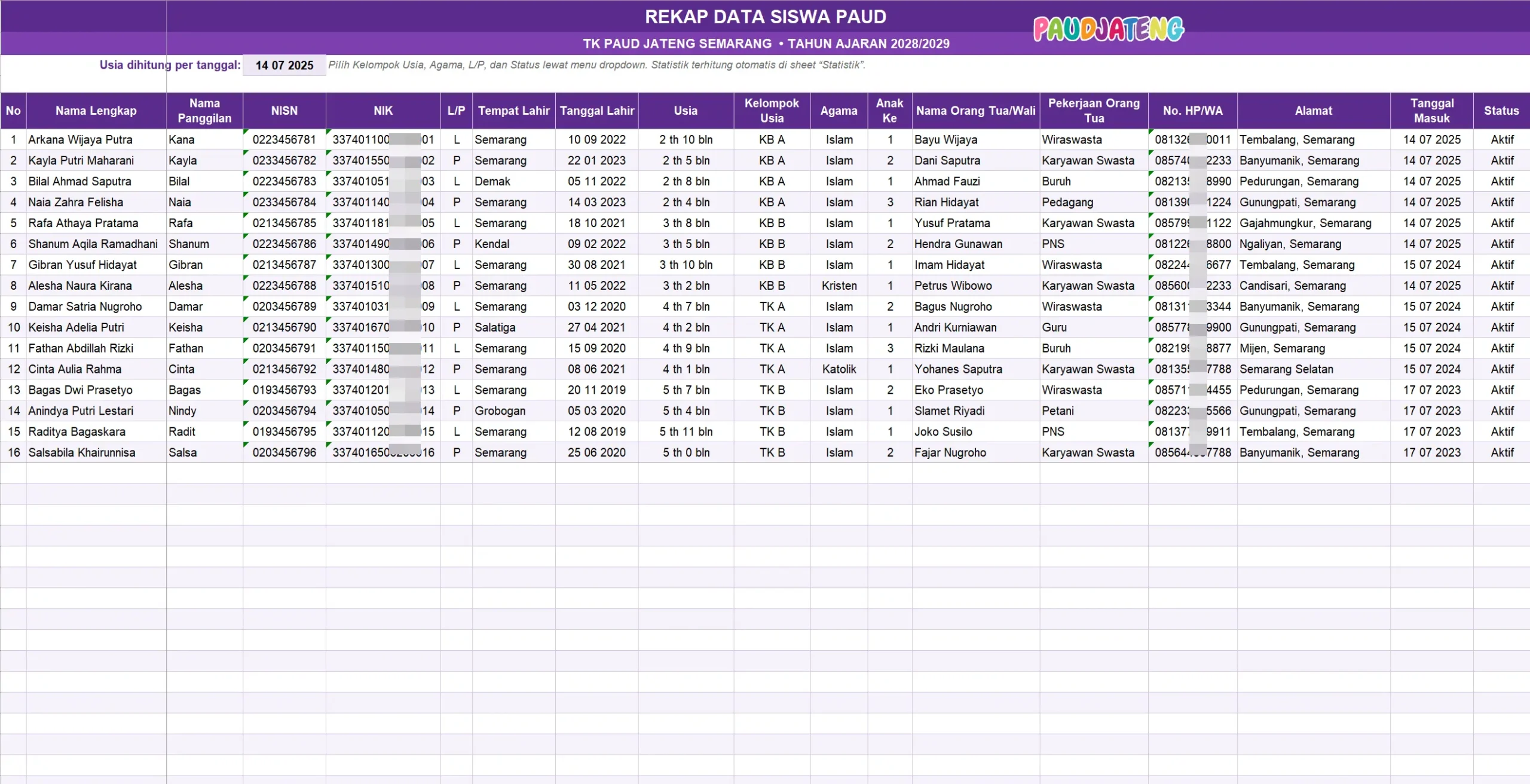 Contoh Rekap Data Siswa PAUD/TK Per Kelompok Usia Contoh Rekap Data Siswa PAUD/TK Per Kelompok Usia