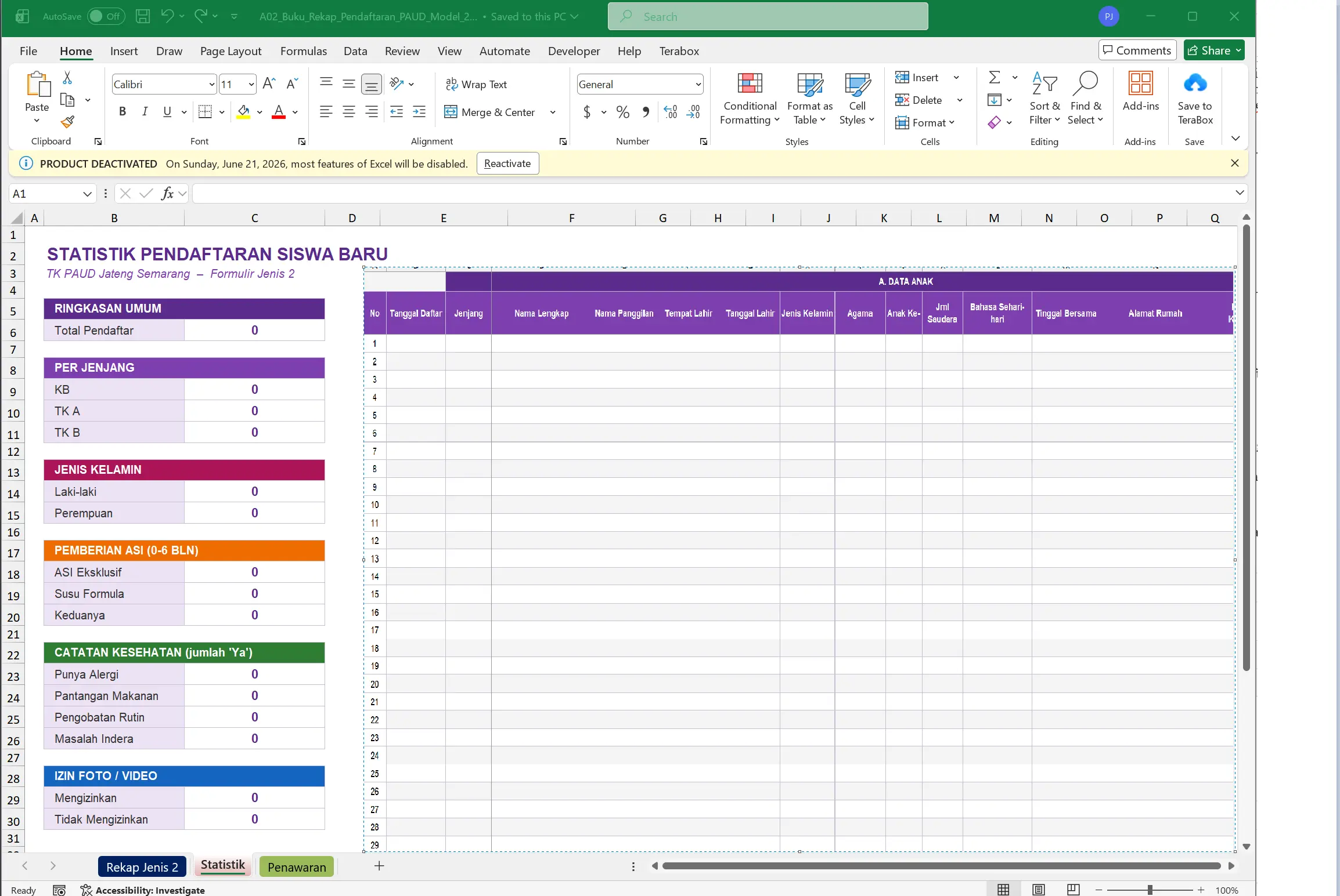 Buku Rekap Pendaftaran Siswa PAUD/TK Excel Bisa Edit Buku Rekap Pendaftaran Siswa PAUD/TK Excel Bisa Edit