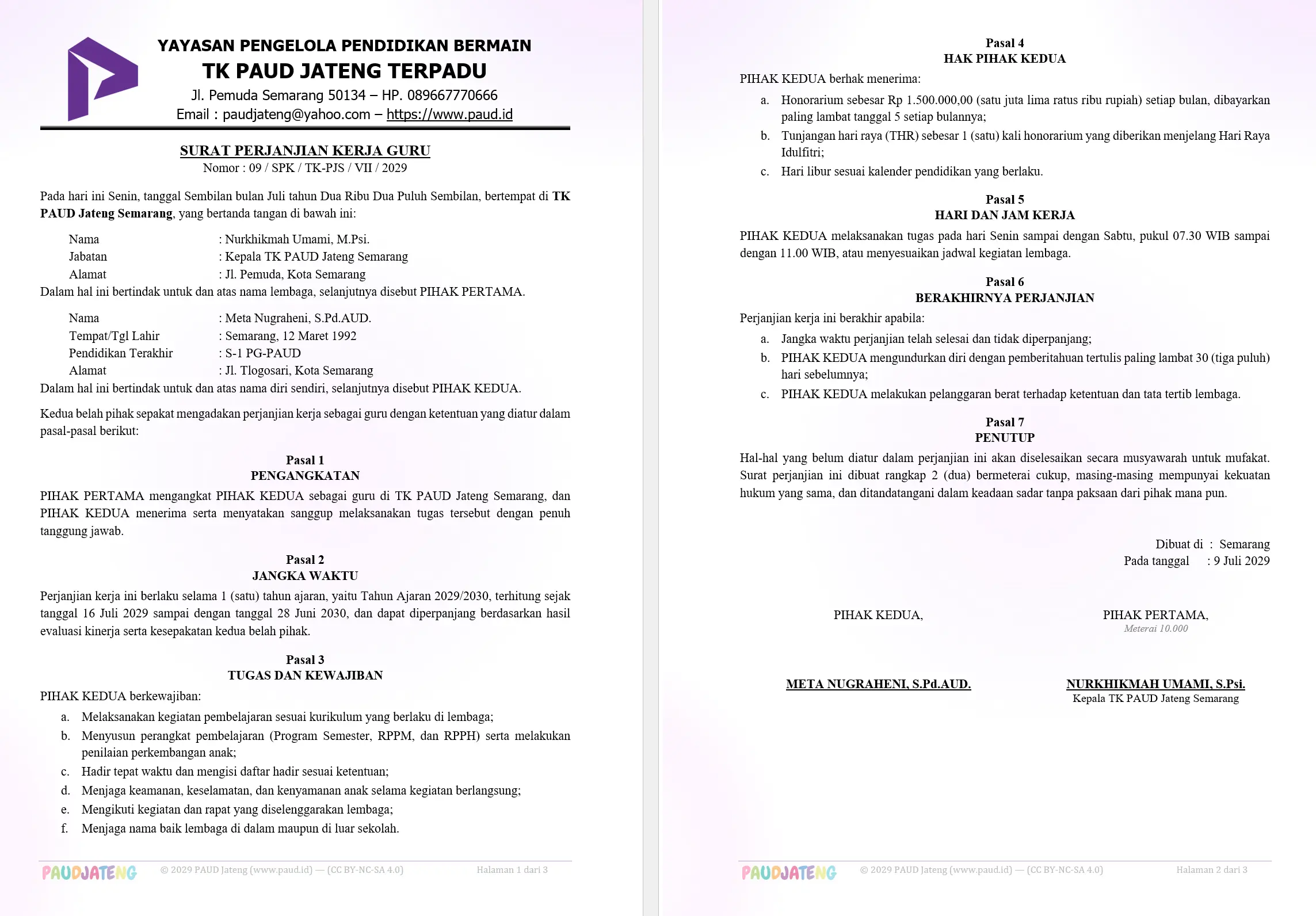 Contoh Surat Kontrak Perjanjian Ikatan Kerja Guru PAUD/TK Contoh Surat Kontrak Perjanjian Ikatan Kerja Guru PAUD/TK