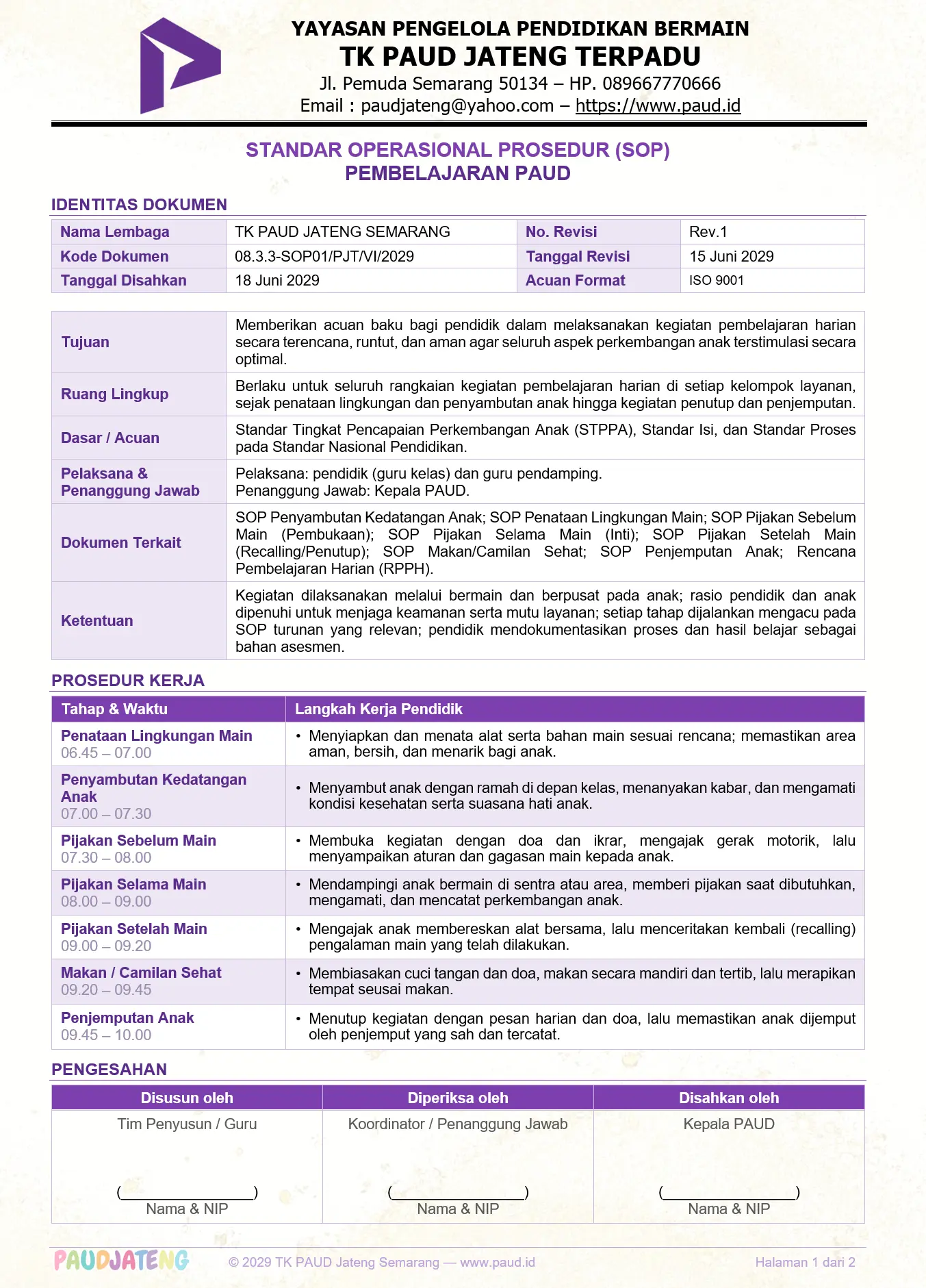 Contoh File SOP Pembelajaran PAUD: Payung Rutinitas Harian Contoh File SOP Pembelajaran PAUD: Payung Rutinitas Harian
