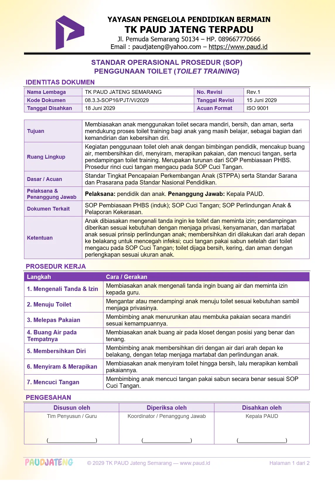Contoh SOP Penggunaan Toilet PAUD (Toilet Training) format word Contoh SOP Penggunaan Toilet PAUD (Toilet Training) format word