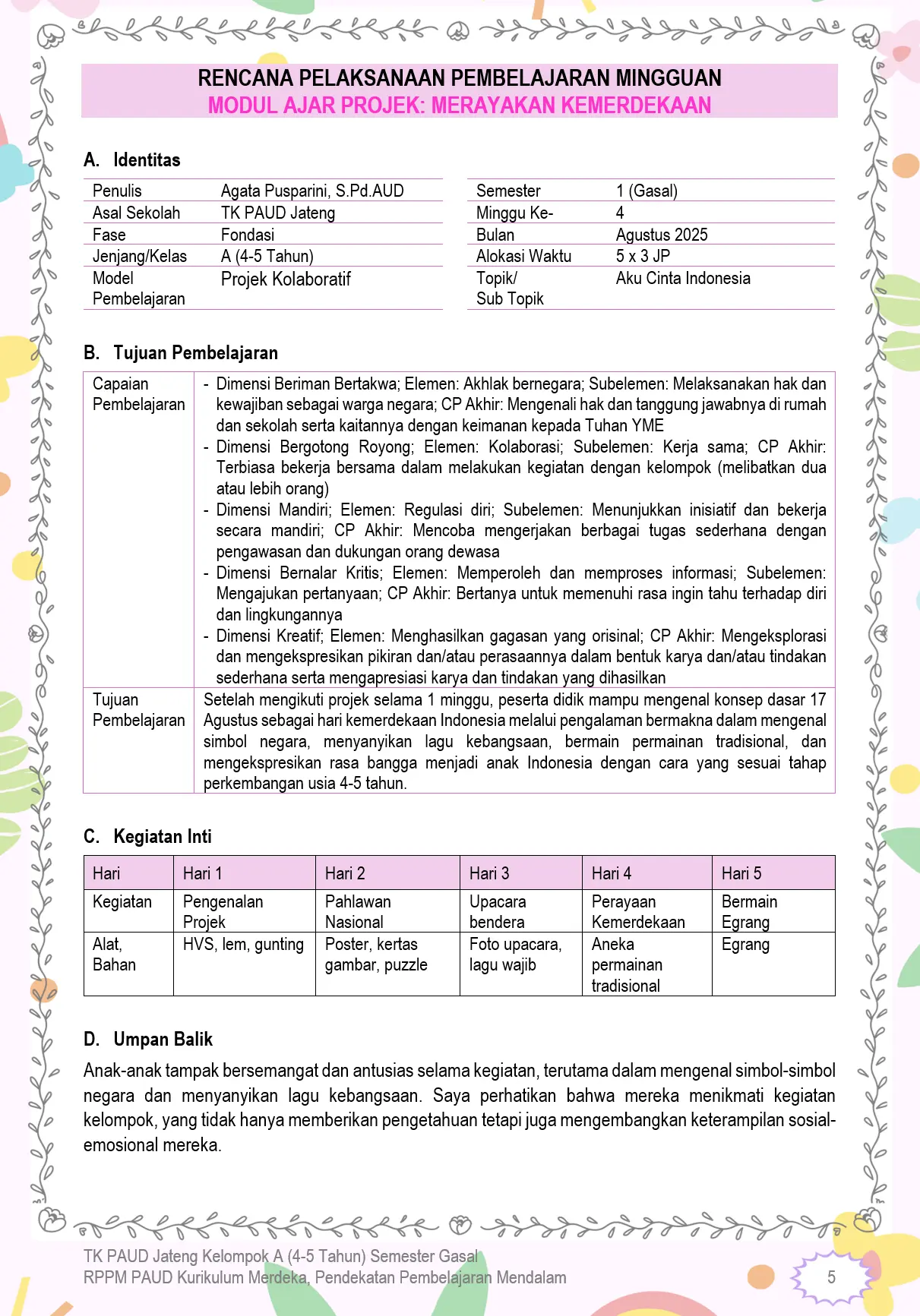 RPPM TK A Semester 1 2025/2026 Deep Learning Pembelajaran Mendalam Rencana Kegiatan Mingguan PAUD