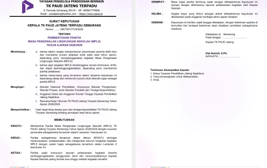 Contoh SK Panitia MPLS PAUD Word: Struktur, Susunan