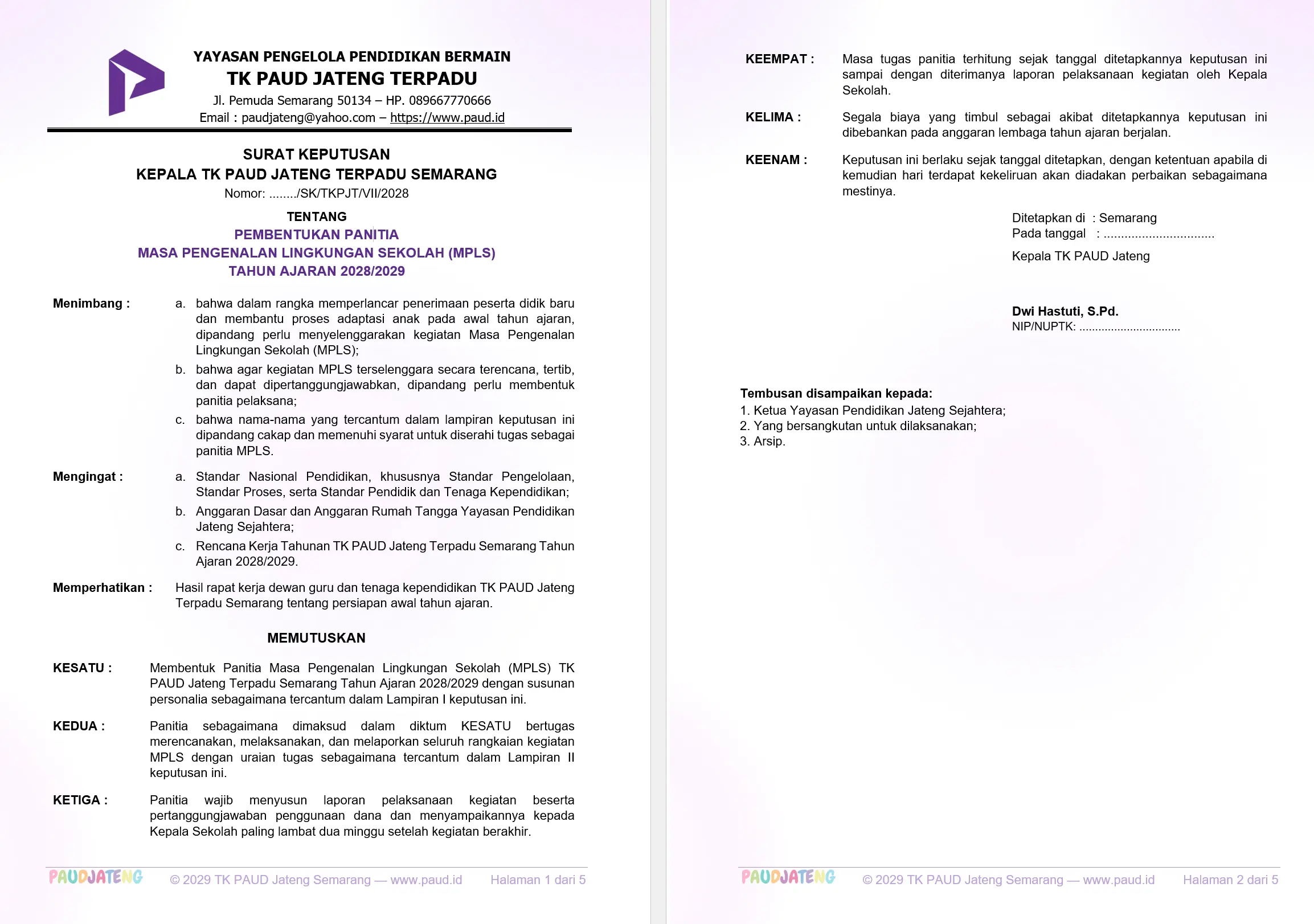 Contoh SK Panitia MPLS PAUD Word: Struktur, Susunan