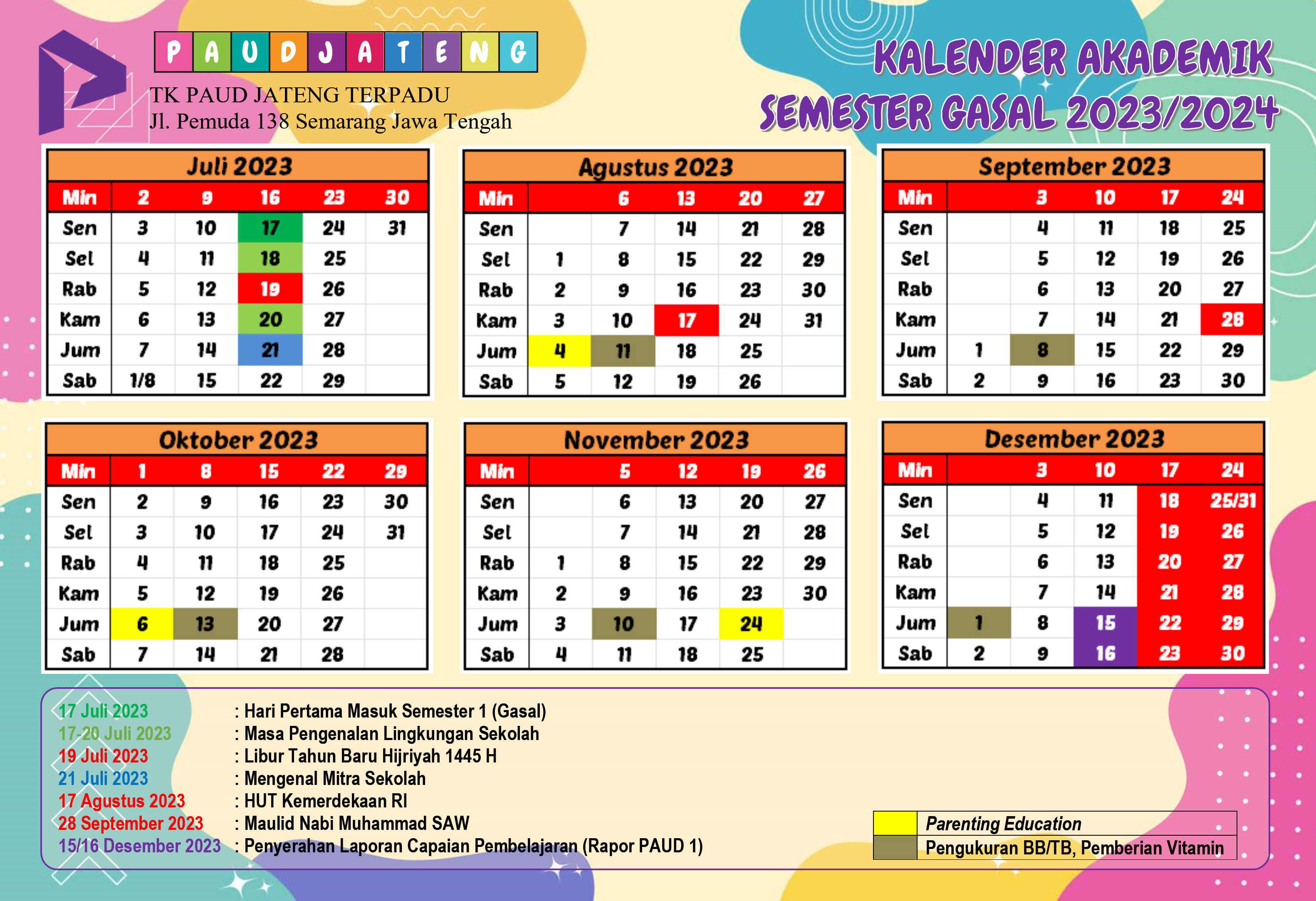 Kalender Akademik PAUD 2023 2024 TK KB TPA Bisa Edit PAUD JATENG
