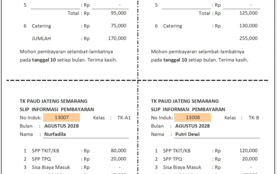 Contoh Kartu Slip Pembayaran Bulanan PAUD/TK