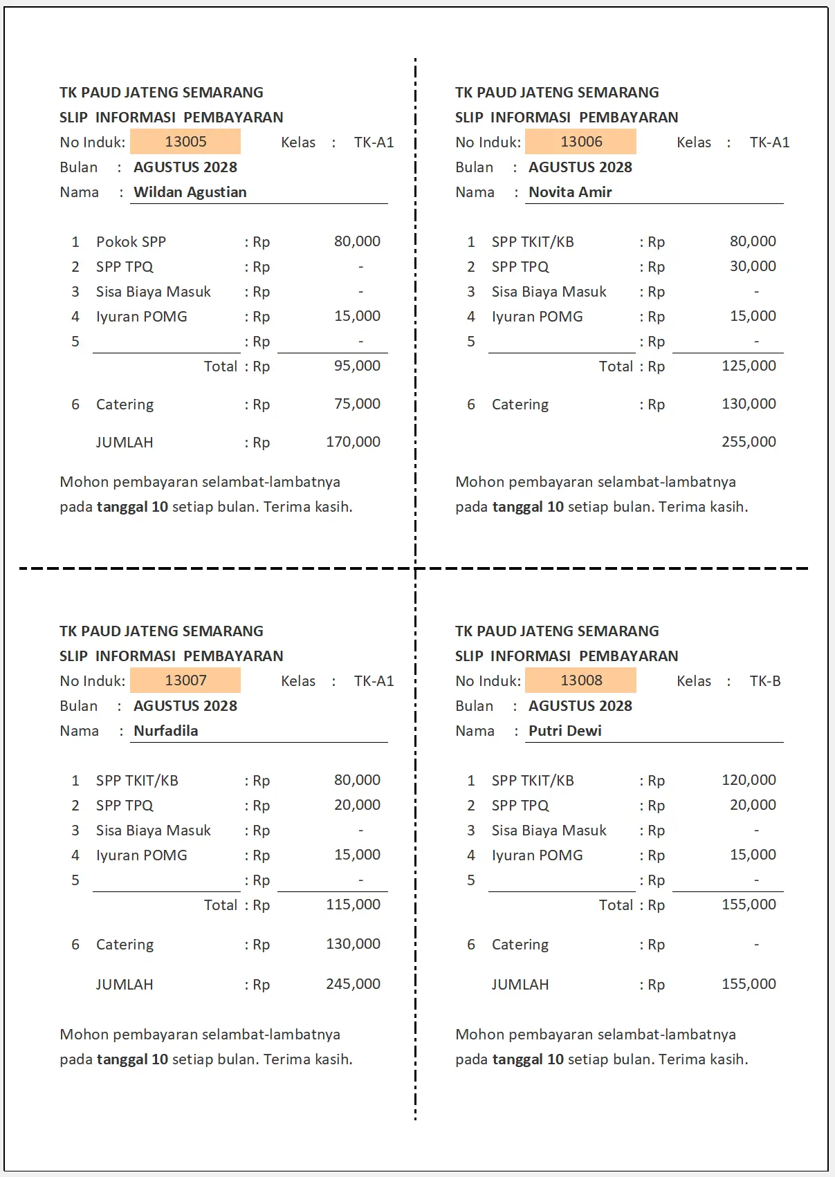 Slip Pembayaran PAUD/TK Kartu Slip Bulanan