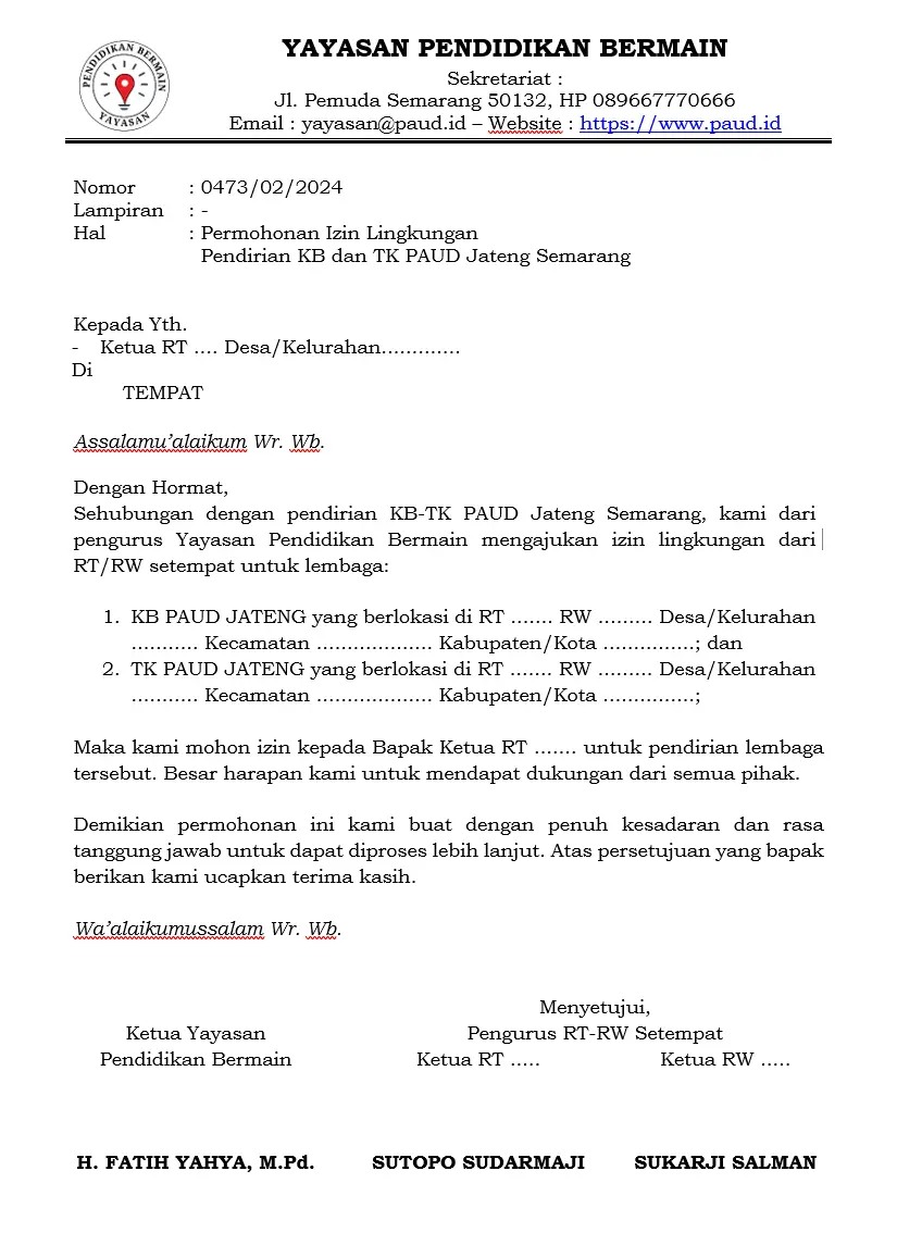 Surat Izin Lingkungan Pendirian TK KB TPA dari RT RW Surat Izin Lingkungan Pendirian TK KB TPA dari RT RW
