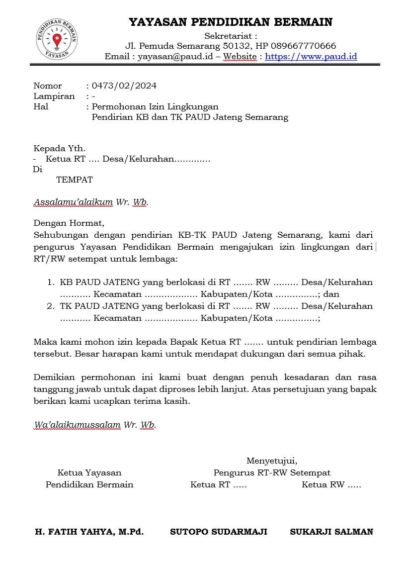 Surat Izin Lingkungan Pendirian TK KB TPA dari RT RW
