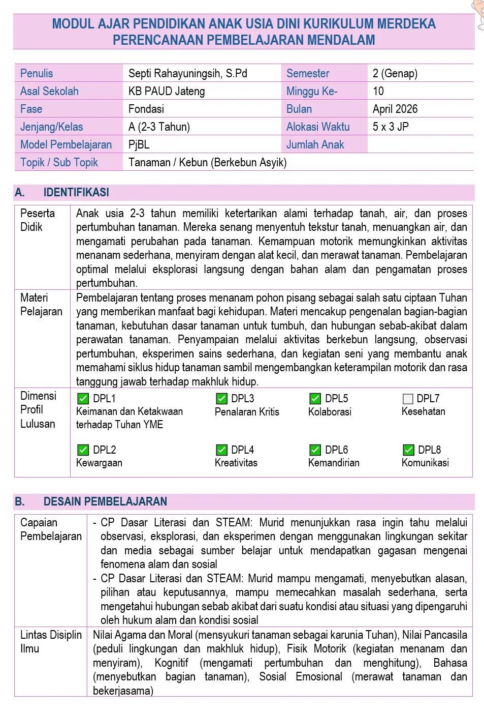 Modul Ajar PAUD KB Semester 2 Usia 3-4 Tahun Kurikulum Merdeka Pembelajaran Mendalam (Deep Learning)