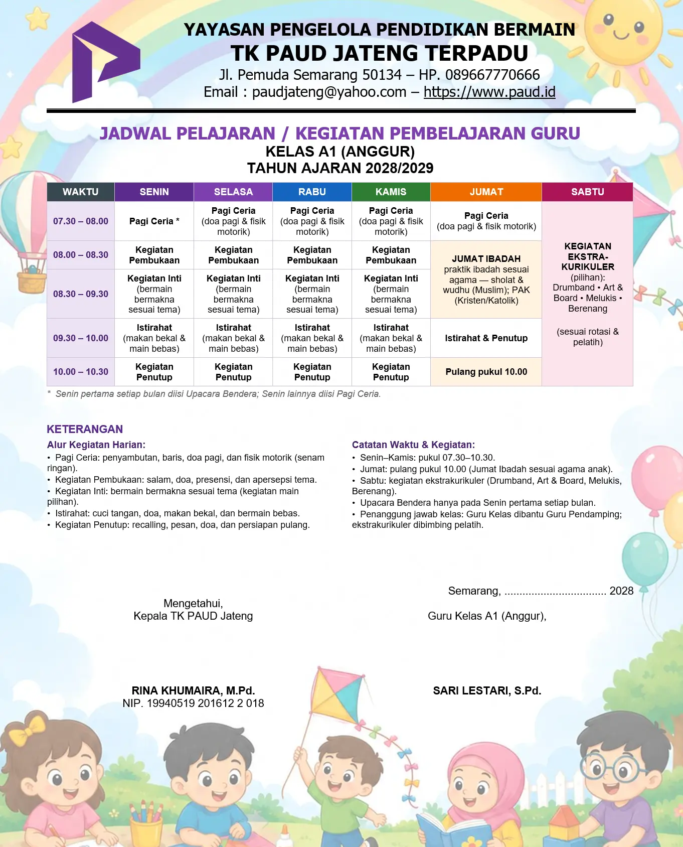 Contoh Jadwal Pelajaran PAUD/TK Word, Kegiatan Pembelajaran Guru
