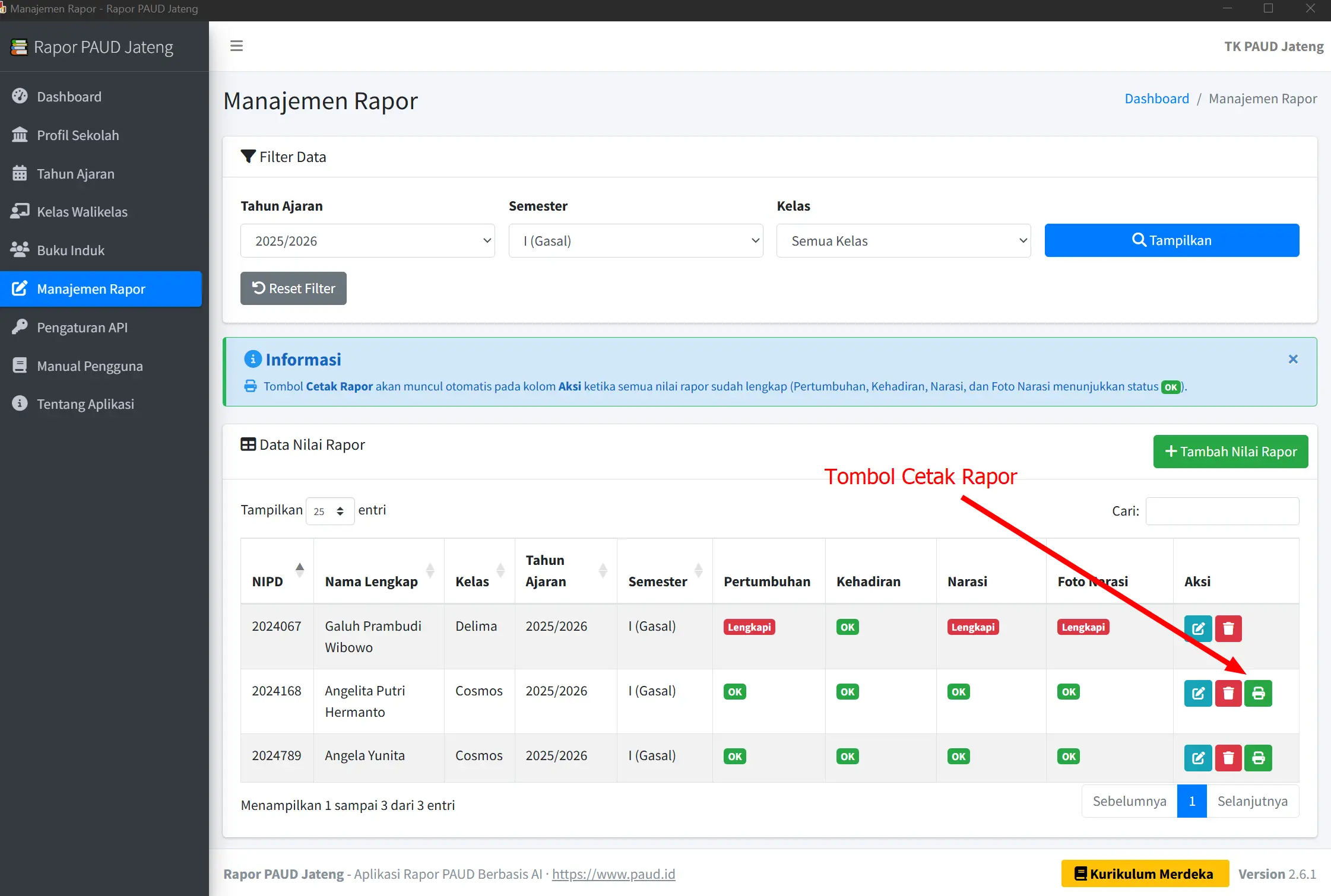 Aplikasi Rapor PAUD Digital, Tampilan Menu Manajemen Rapor untuk Cetak Rapor