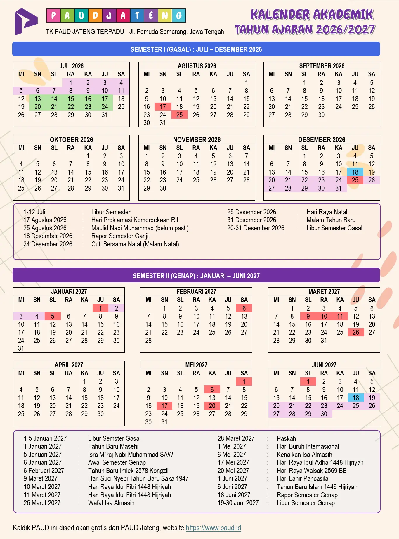 Kaldik PAUD 2026/2027 Kalender Akademik TK TPA KB Kaldik PAUD 2026/2027 Kalender Akademik TK TPA KB