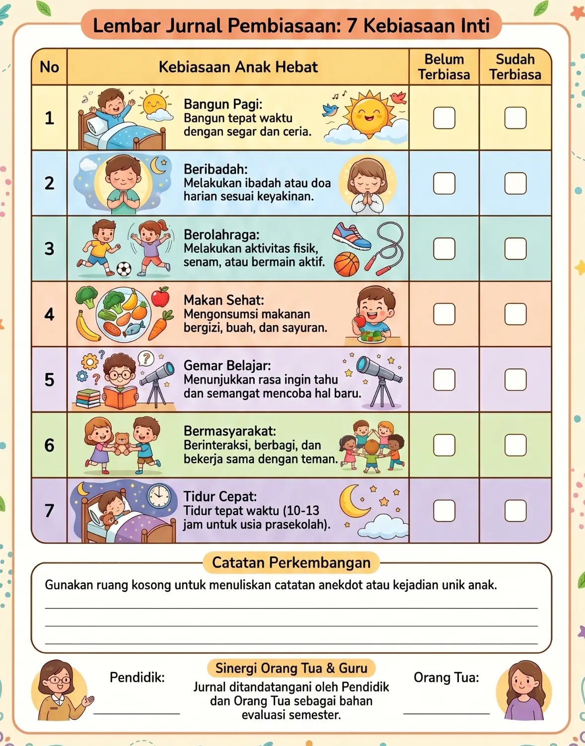 Jurnal 7KAIH PAUD/TK Formulir Pemantauan 7 Kebiasaan Anak