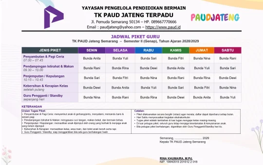 Jadwal Piket Guru PAUD/TK Piket Harian Word Bisa Edit