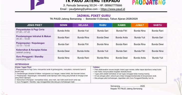 Jadwal Piket Guru PAUD/TK Piket Harian Word Bisa Edit