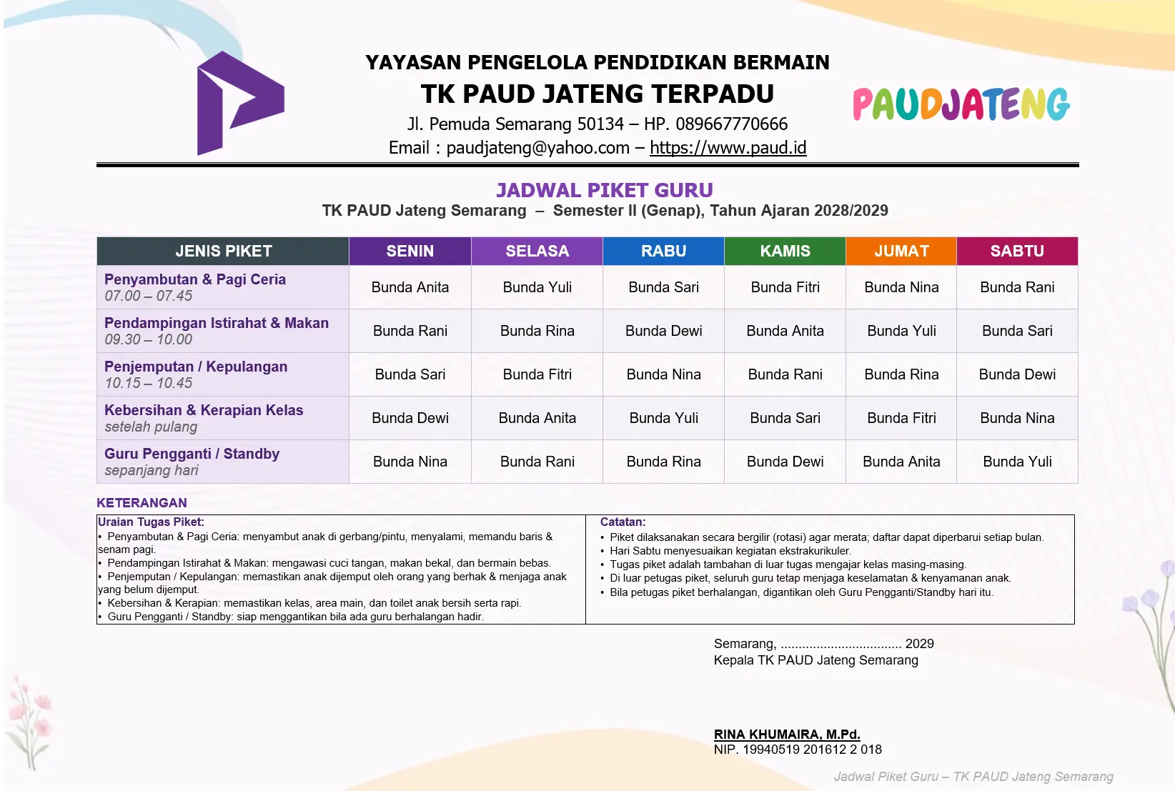 Jadwal Piket Guru PAUD/TK Piket Harian Word Bisa Edit Jadwal Piket Guru PAUD/TK Piket Harian Word Bisa Edit